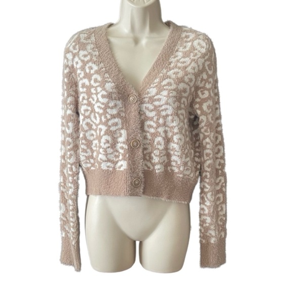NWT Jessica Simpson Animal Print Crop Button-Up Cardigan Knit Sweater Small Cozy - Picture 1 of 7